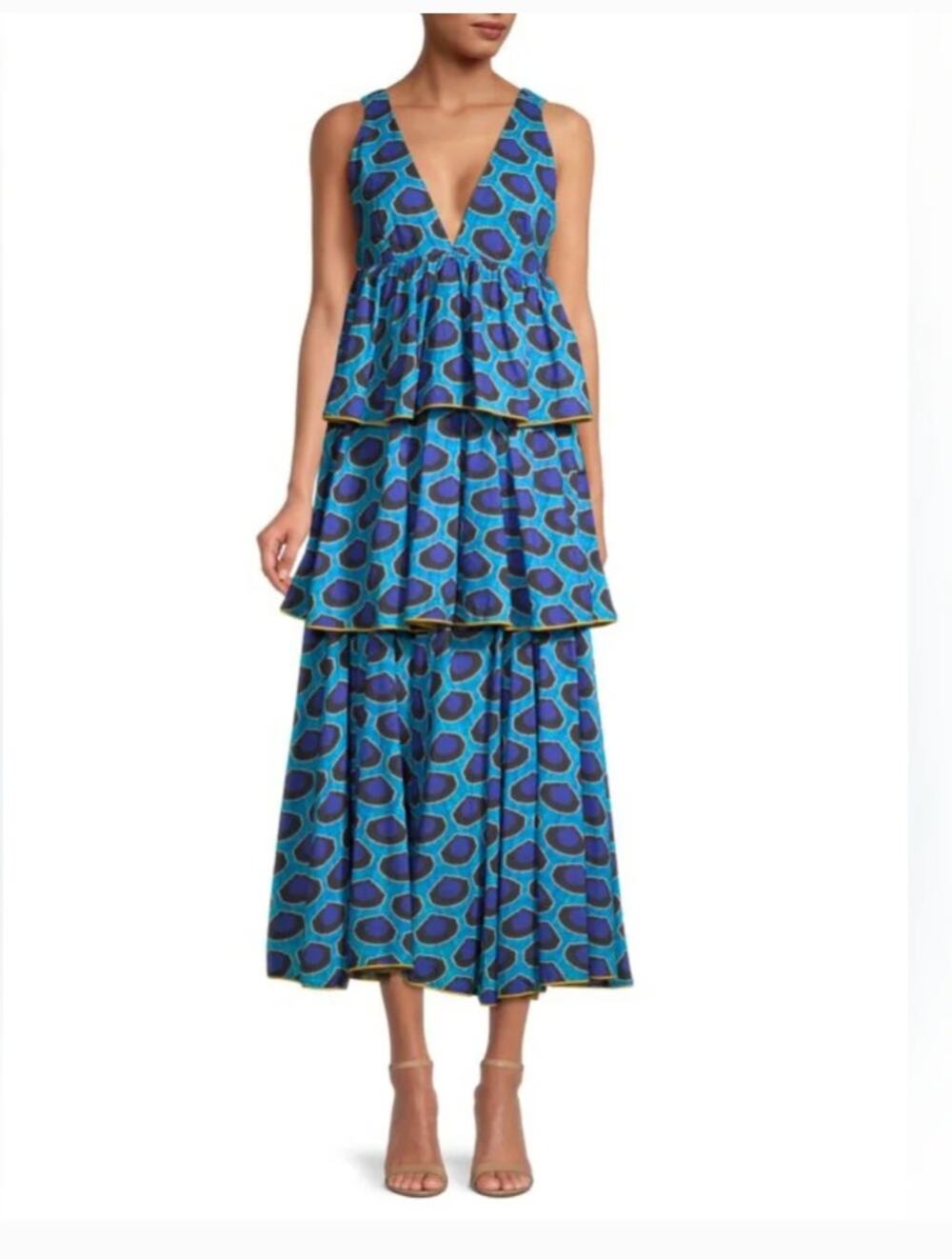 RHODE Leela Ikat Geometric Halter Pockets Azure Blue Layered Maxi Dress XS